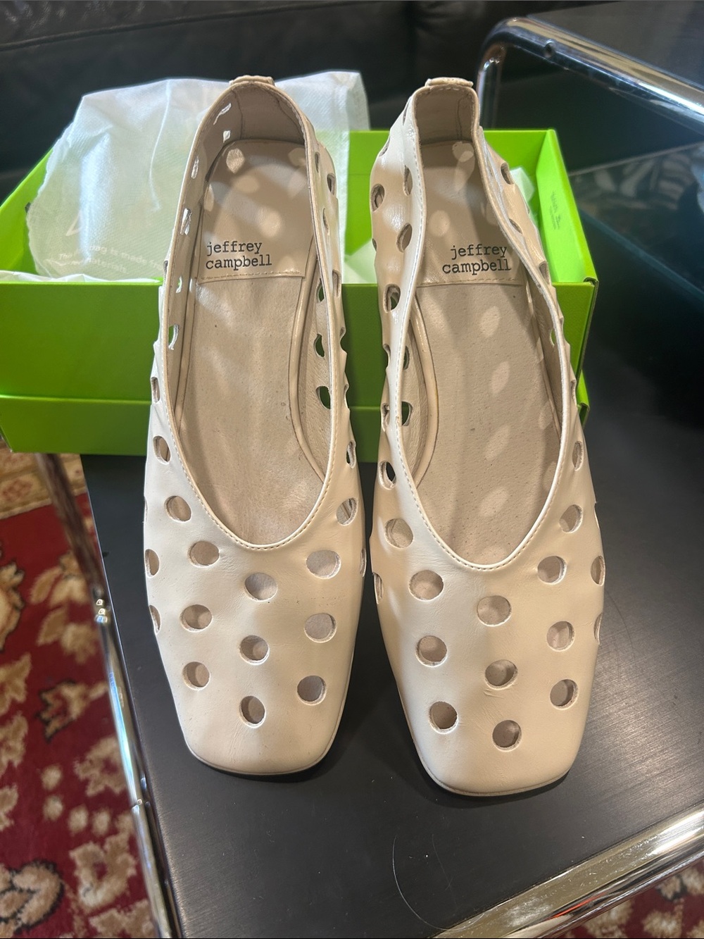 jeffrey campbell Cream Perforated Leather Ballet Flats/ kitten heel. EUC. 6.5